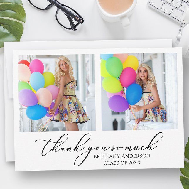 Modern Calligraphy Ink Script 2 Photo Graduation Thank You Card (Customize to add text or more photos to back of card.)