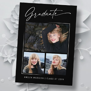 Modern Calligraphy Ink Script 3 Photo Graduation Announcement