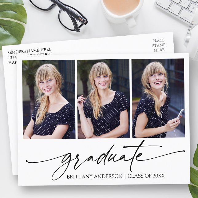 Modern Calligraphy Ink Script 3 Photo Graduation Postcard (Customize to add text to back of card.)