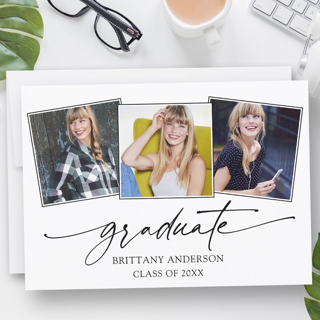 Modern Calligraphy Ink Script 3 Photos Graduation Announcement (Customize to add text or more photos to back of card.)