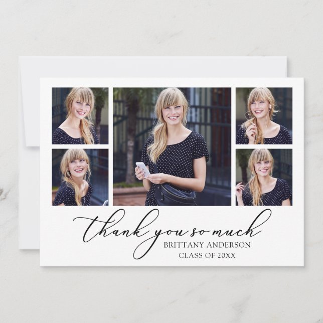 Modern Calligraphy Ink Script 5 Photos Graduation Thank You Card (Front)