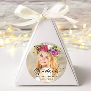 Modern Calligraphy Ink Script Graduate Photo Classic Round Sticker