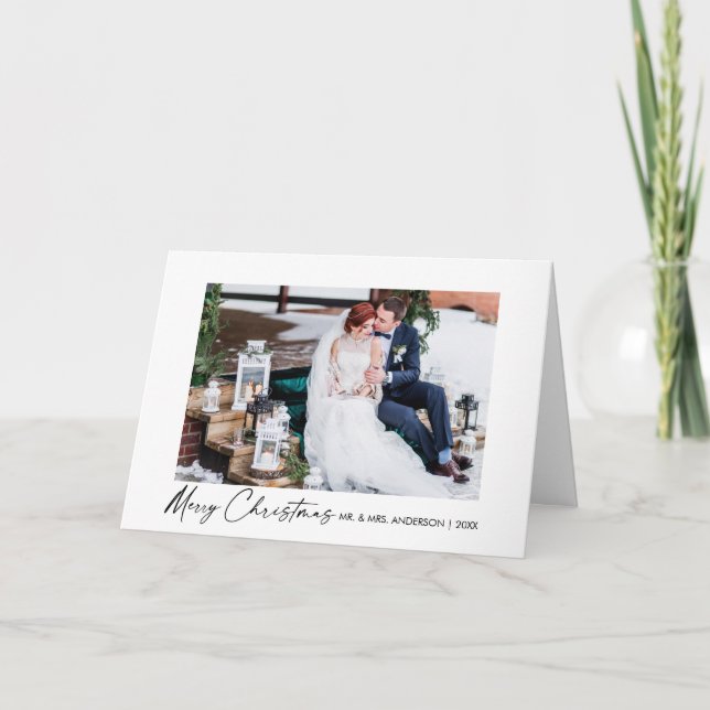 Modern Calligraphy Ink Script Wedding Fold Photo Holiday Card (Front)
