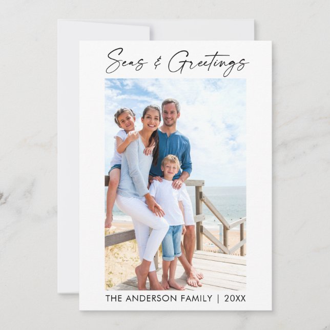 Modern Calligraphy Ink Seas and Greetings Photo Holiday Card (Front)