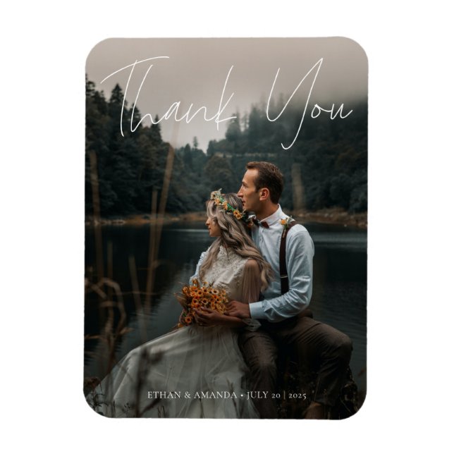 Modern Calligraphy Just Married Photo Thank You Magnet (Vertical)