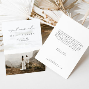 Modern Calligraphy Just Married Photo Wedding Announcement