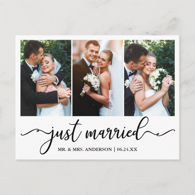 Modern Calligraphy Just Married Wedding 3 Photo Postcard (Front)
