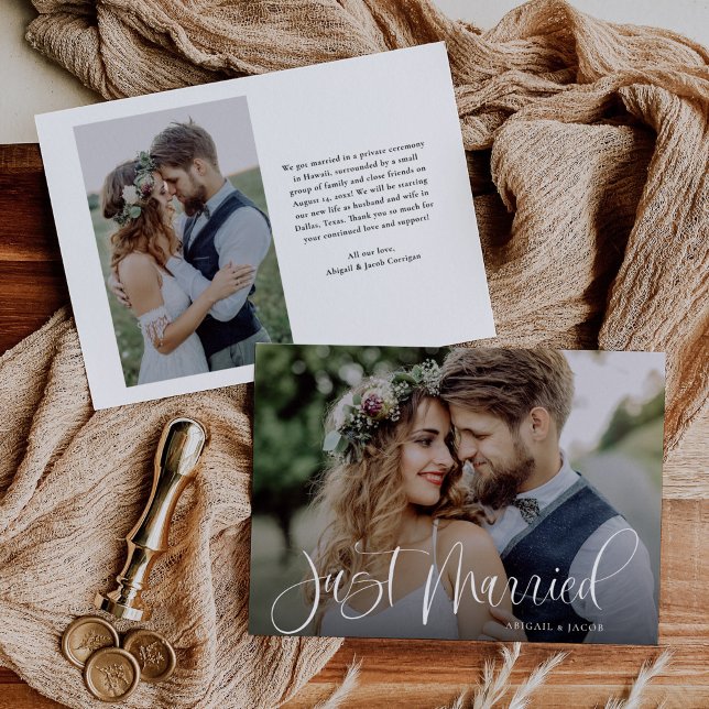 Modern Calligraphy Just Married Wedding Photo Announcement (Creator Uploaded)