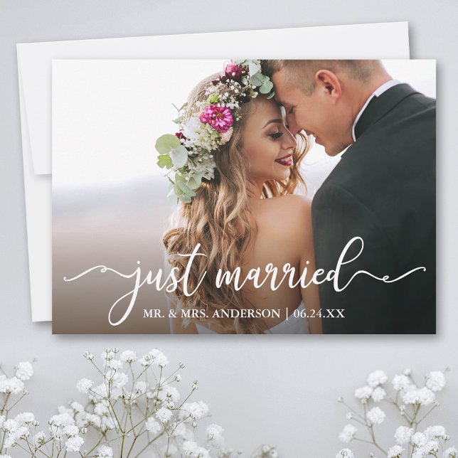 Modern Calligraphy Just Married Wedding Photo Announcement (Customize to add text or more photos to back of card.)