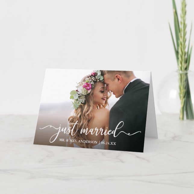 Modern Calligraphy Just Married Wedding Photo Fold Announcement (Front)