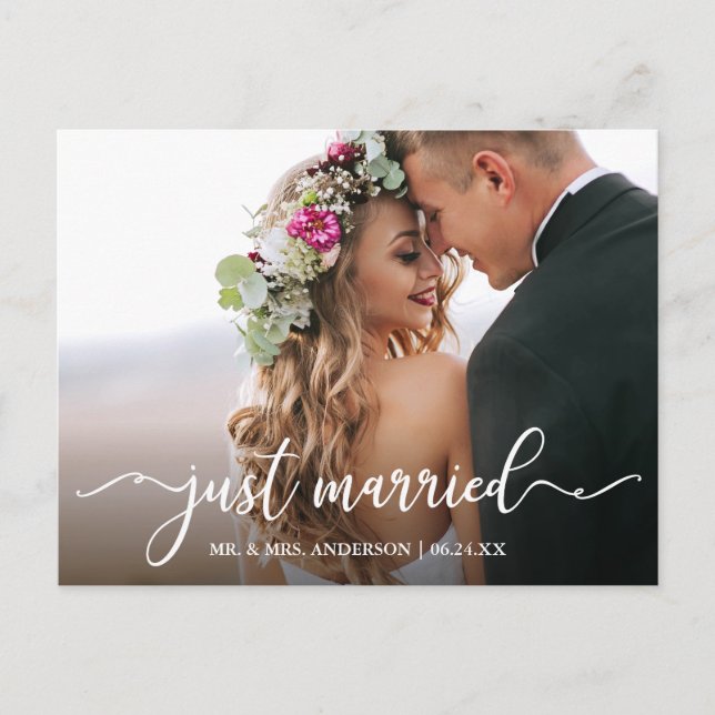 Modern Calligraphy Just Married Wedding Photo Postcard (Front)