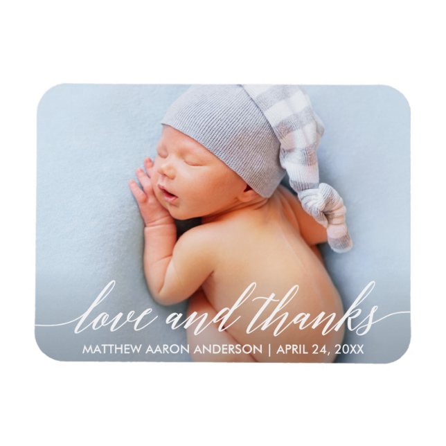 Modern Calligraphy Love and Thanks Baby Photo Magnet (Horizontal)
