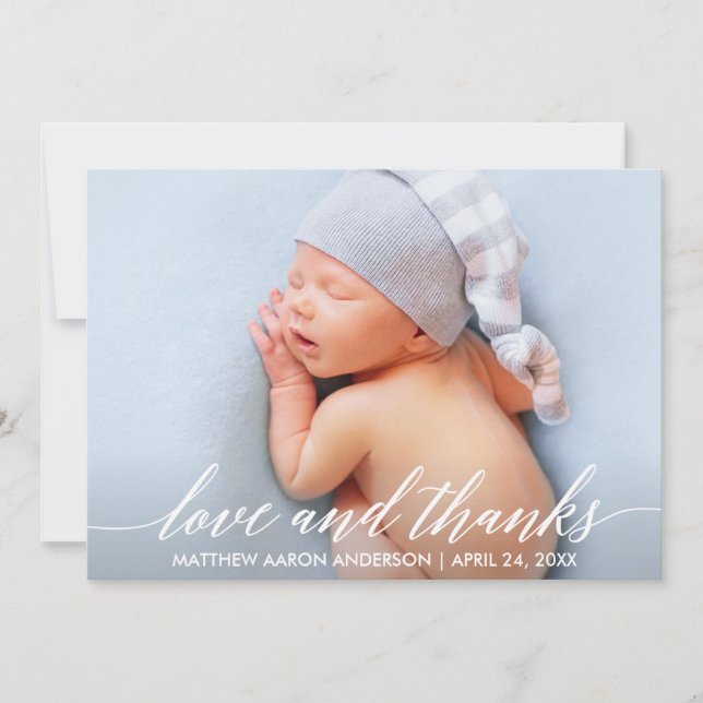 Modern Calligraphy Love and Thanks Baby Photo Thank You Card (Front)