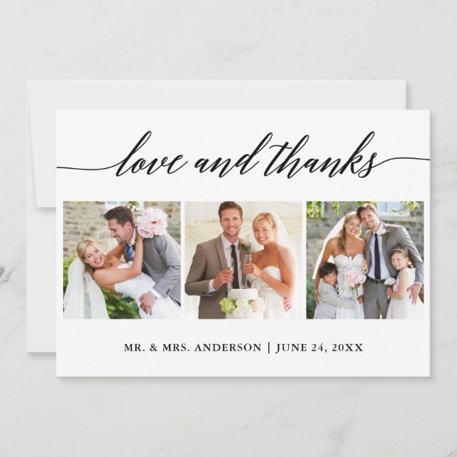 Modern Calligraphy Love and Thanks Wedding 3 Photo Thank You Card (Front)