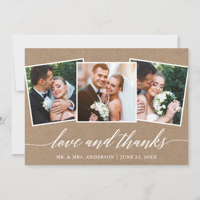 Modern Calligraphy Love Thanks 3 Photo Kraft Thank You Card (Front)