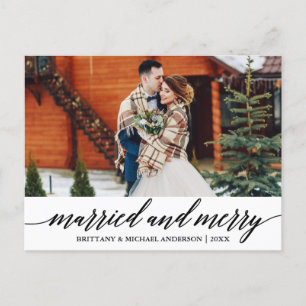 Modern Calligraphy Married and Merry Wedding Photo Postcard