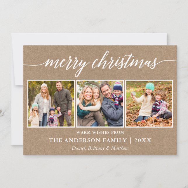 Modern Calligraphy Merry Christmas 3 Photo Kraft Holiday Card (Front)