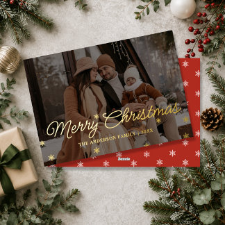Modern Calligraphy Merry Christmas Family Photo Foil Holiday Card