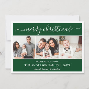 Modern Calligraphy Merry Christmas Green 3 Photo Holiday Card