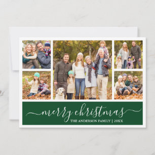 Modern Calligraphy Merry Christmas Green 5 Photo Holiday Card