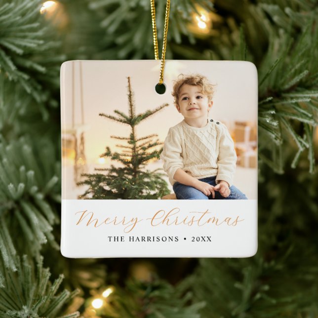 Modern Calligraphy Merry Christmas Photo Ceramic Ornament (Tree)