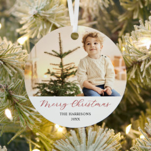 Modern Calligraphy Merry Christmas Photo Metal Tree Decoration