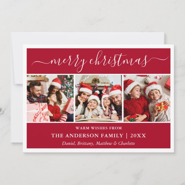 Modern Calligraphy Merry Christmas Red 3 Photo Holiday Card (Front)