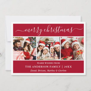Modern Calligraphy Merry Christmas Red 3 Photo Holiday Card