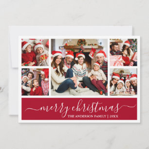 Modern Calligraphy Merry Christmas Red 5 Photo Holiday Card