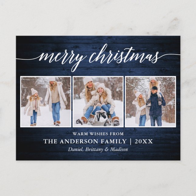 Modern Calligraphy Merry Christmas Wood 3 Photo Postcard (Front)
