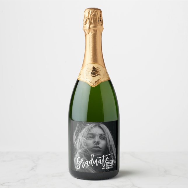 Modern Calligraphy Minimal Full Photo Grad Party Sparkling Wine Label (Front)