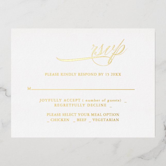 Modern Calligraphy Minimalisrt Wedding RSVP Foil Invitation Postcard (Front)