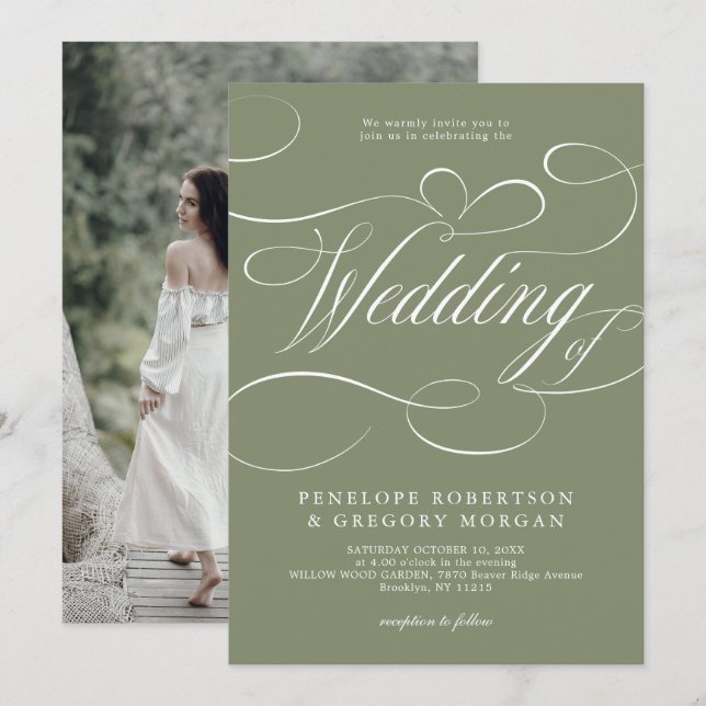 Modern calligraphy Minimalist Sage Green Wedding   Invitation (Front/Back)