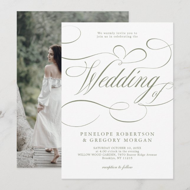 Modern calligraphy Minimalist Sage Green Wedding   Invitation (Front/Back)