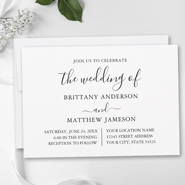Modern Calligraphy Minimalist Wedding Invitation (Customize to change text size, style or add more text or photos to back of card.)
