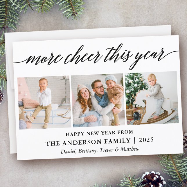 Modern Calligraphy More Cheer This Year 3 Photo Holiday Card (Customize to add text to back of card.)