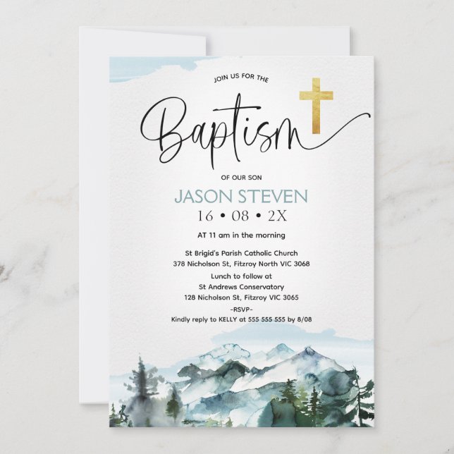 Modern Calligraphy Mountain Pine Trees Baptism  Invitation (Front)
