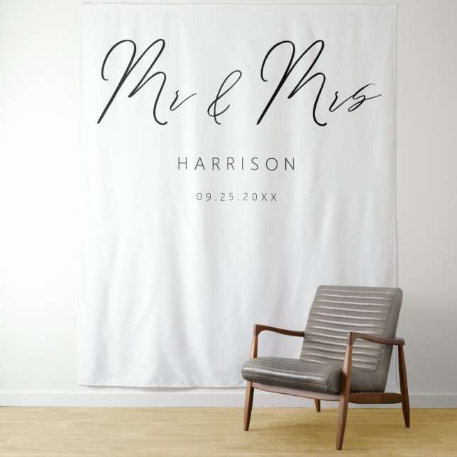 Modern Calligraphy Mr and Mrs Wedding Tapestry (In Situ)