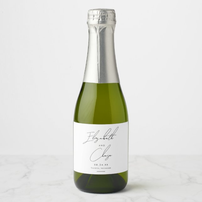 Modern Calligraphy Names Stylish Wedding Sparkling Wine Label (Front)