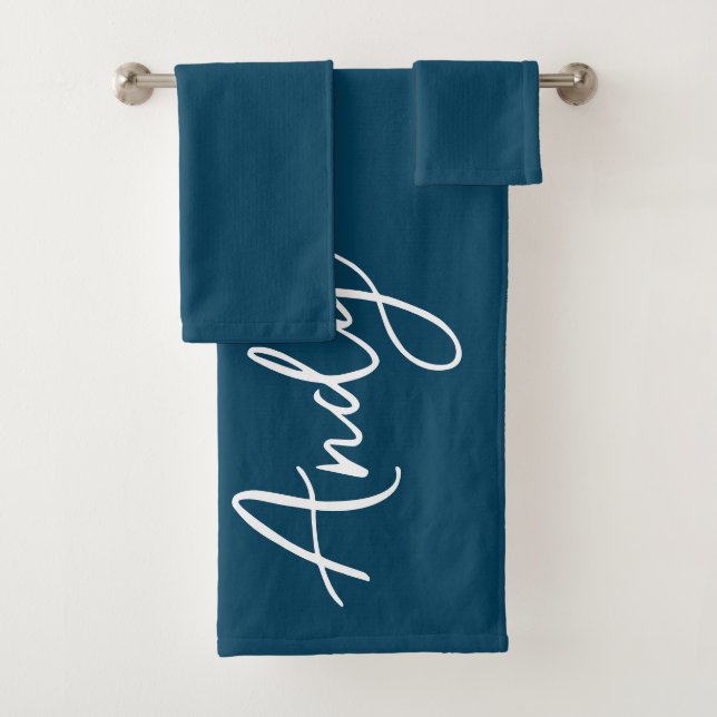Modern Calligraphy Navy Blue Custom Name Bath Towel Set (Insitu)