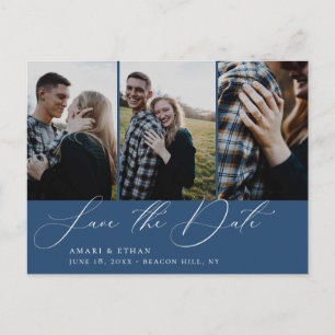 Modern Calligraphy Navy Blue Photo Save the Date Announcement Postcard