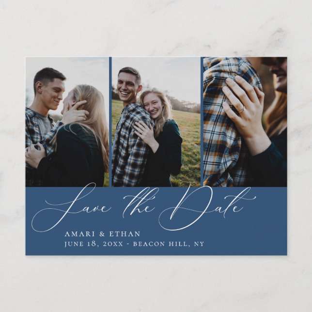 Modern Calligraphy Navy Blue Photo Save the Date Announcement Postcard (Front)