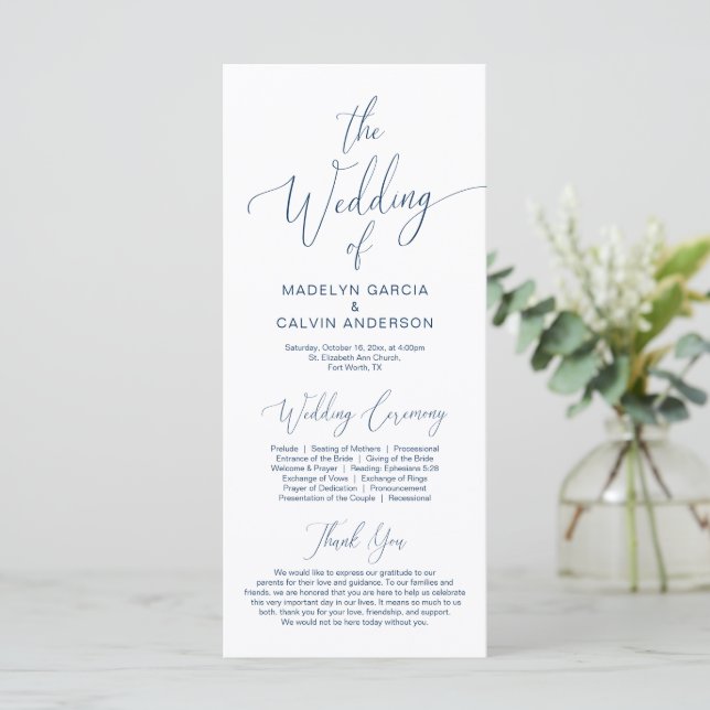 Modern Calligraphy, Navy Blue, Wedding Ceremony Programme (Standing Front)
