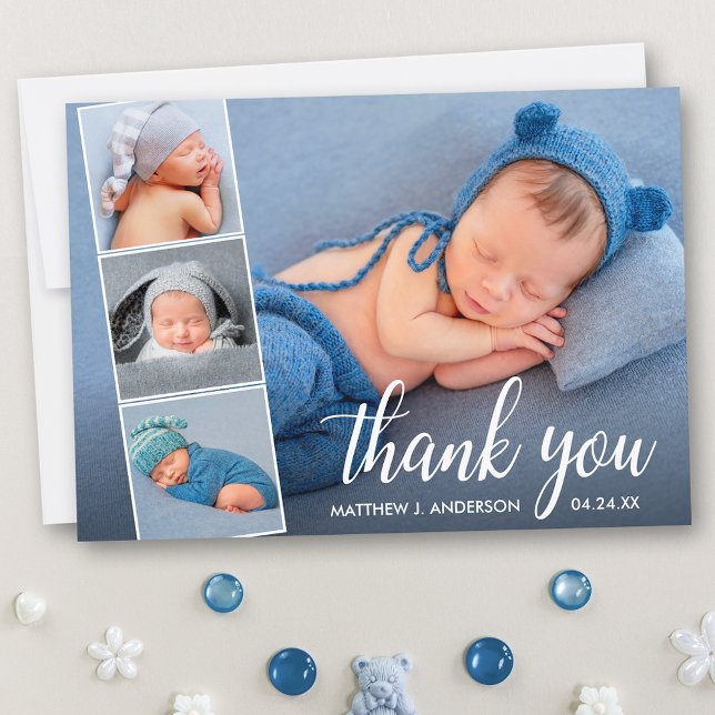 Modern Calligraphy New Baby 4 Photo Collage Thank You Card (Customize to add text to back of card.)