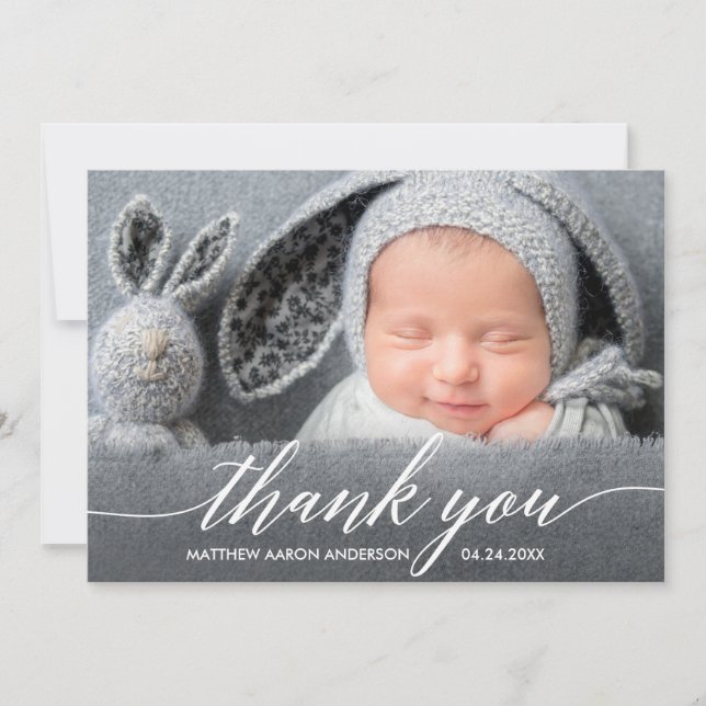 Modern Calligraphy New Baby Photo Thank You Card (Front)