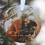 Modern Calligraphy Our First Christmas as Mr. Mrs. Ornament<br><div class="desc">Custom-designed Christmas ornament featuring modern hand calligraphy "Our 1st Christmas" design.</div>