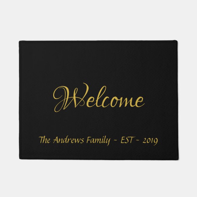 Modern Calligraphy Personalised Black Gold Doormat (Front)