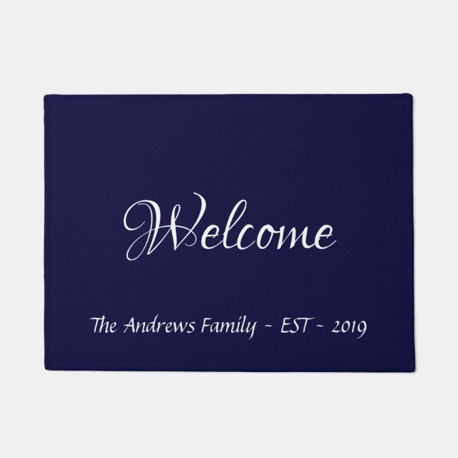 Modern Calligraphy Personalised Navy Blue Doormat (Front)