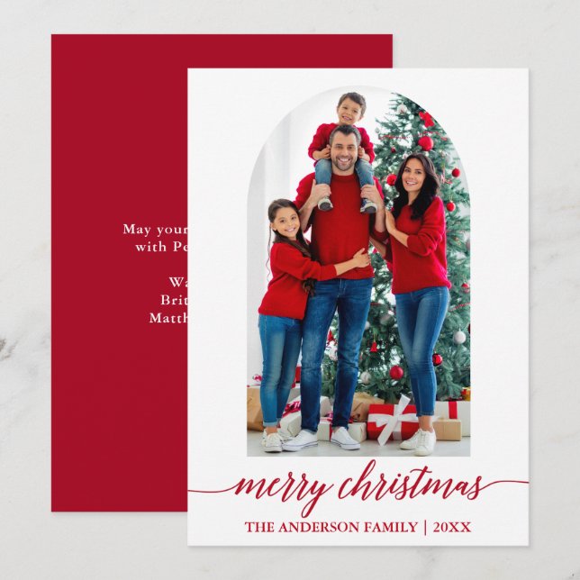 Modern Calligraphy Photo Arch Red Christmas Holiday Card (Front/Back)