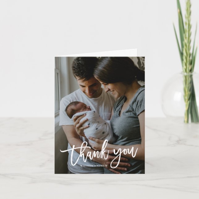 Modern Calligraphy Photo Baby Thank You Card (Front)
